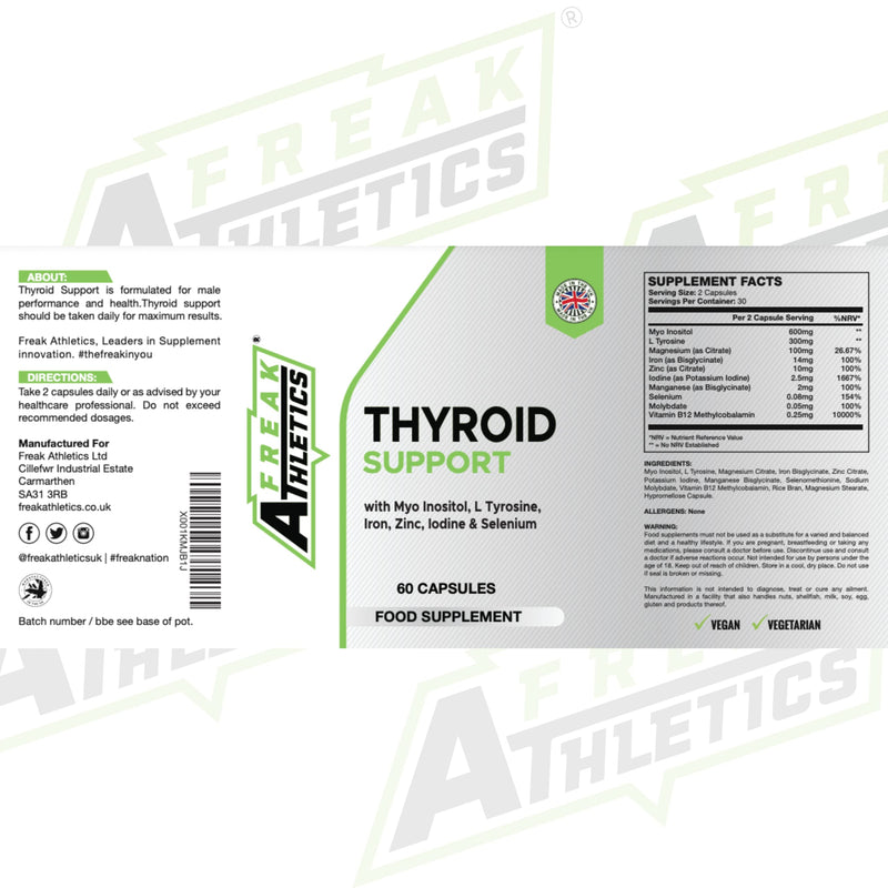Thyroid Support Supplement - 60 Capsules - Includes Myo inositol, L-Tyrosine, Iron, Magnesium, Zinc, Manganese, Selenium, Vitamin B12 - Contributes to The Reduction of Tiredness & Fatigue - BeesActive Australia