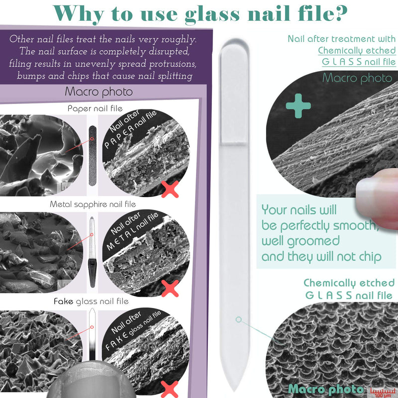 3D Genuine Czech Glass Nail File with Velvet Pouch – Double Sided Etched Different Grit Surface, Professional Nail Care & Art, Manicure & Pedicure, EU Quality by GLADZY 3D Colored Stripes - Lavender - BeesActive Australia