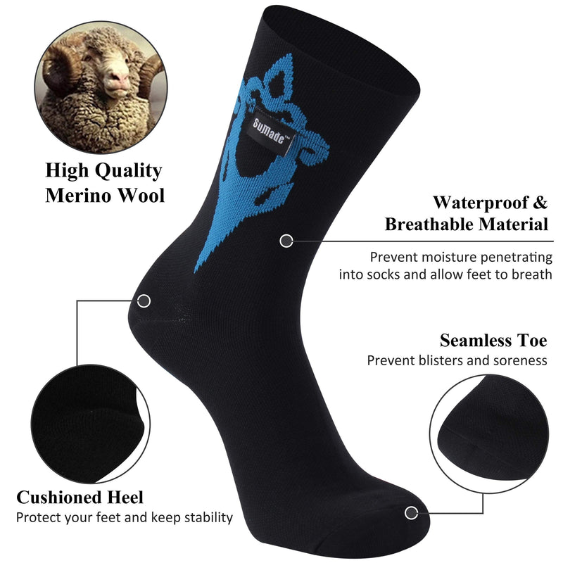 SuMade 100% Merino Wool Waterproof Socks, Men Women Breathable Hiking Cycling Wading Socks 1 Pair Black&blue Small - BeesActive Australia