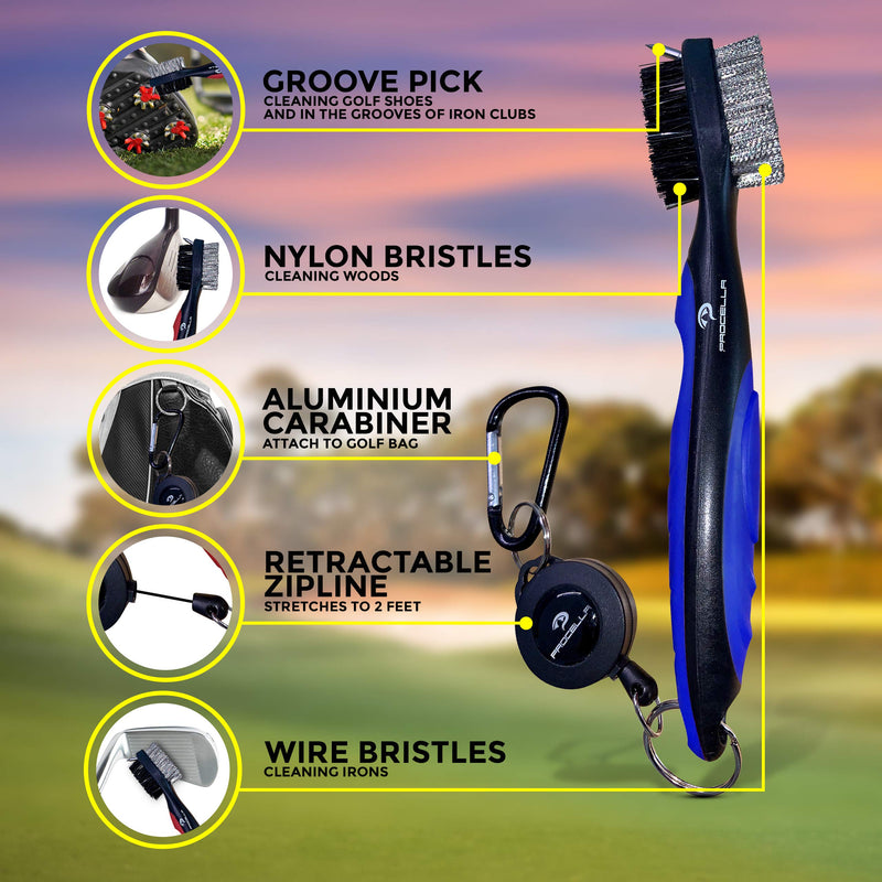 Procella Golf Club Brush and Groove Cleaner, 2 Ft Retractable Zip-line, Complimentary Gift, Golf Club Cleaner for Irons & Woods, Nylon & Wire Golf Club Cleaning Brush, Easily Attaches to Golf Bag Blue/Black - BeesActive Australia