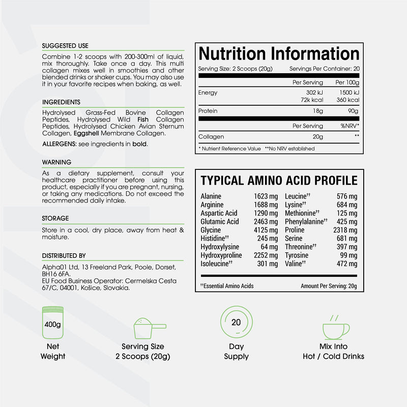 Multi Collagen Protein Powder (400g) - Types I, II, III, V & X - Hydrolyzed Grass Fed Bovine, Wild Caught Fish, & Free-Range Chicken & Eggshell Collagen. Non-GMO, Halal. 400 g (Pack of 1) - BeesActive Australia