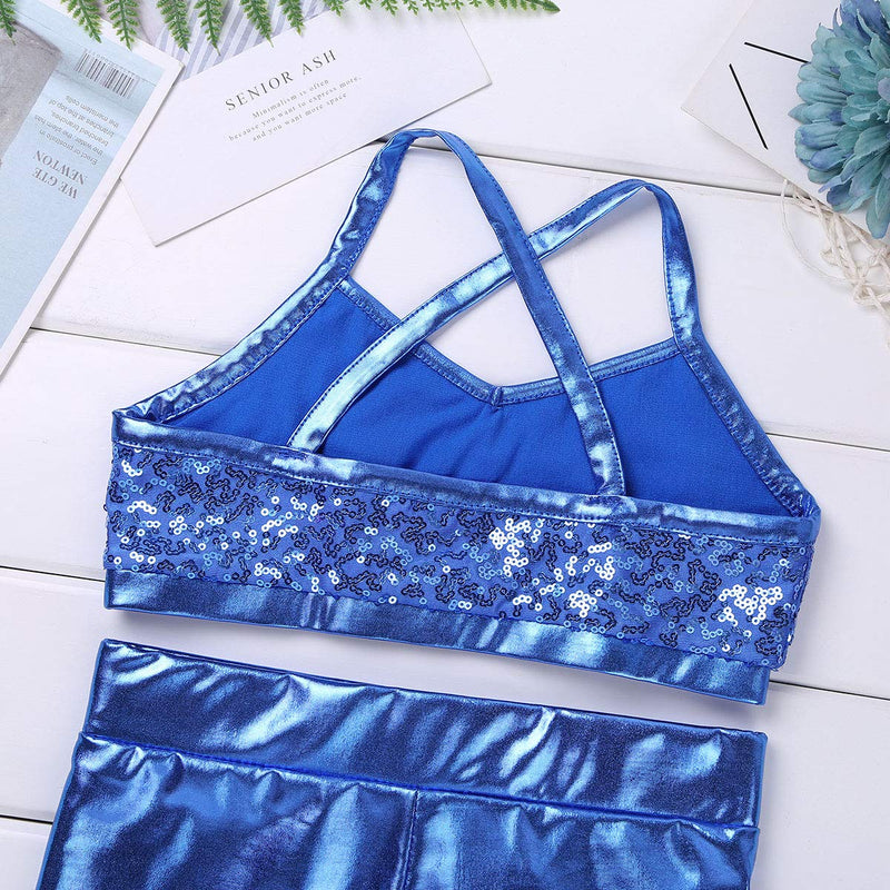 YOOJIA 2PCS Kids Girls Athletic Dance Outfits Shiny Sequins Ballet Dancewear Cami Training Bra Top with Gymnastic Shorts Light_blue 10-12 - BeesActive Australia