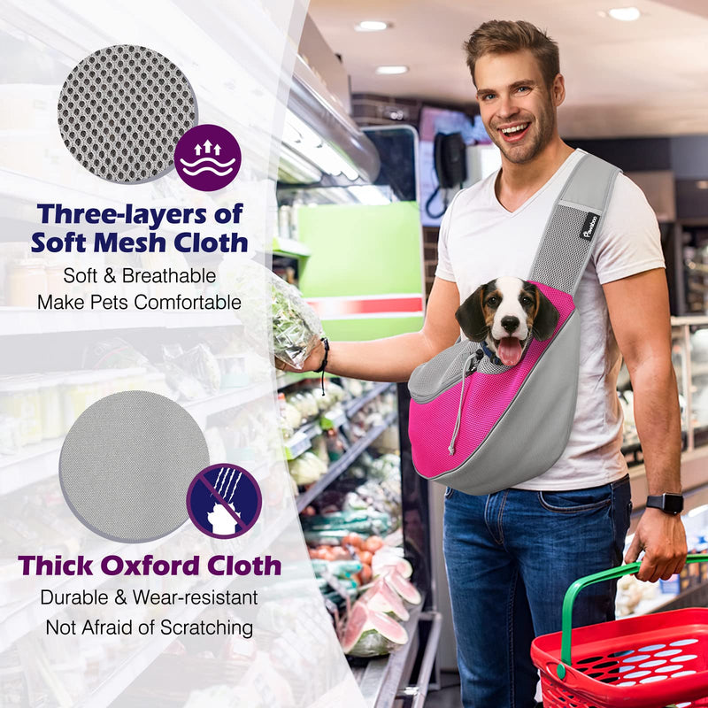 Pawaboo Pet Dog Sling Carrier, Hand Free Drawstring Dog Papoose with Adjustable Strap, Breathable Mesh Bag for Puppy Cat, Crossbody Satchel Dog Purse with Pocket for Outdoor Travel Large Rose Red - BeesActive Australia