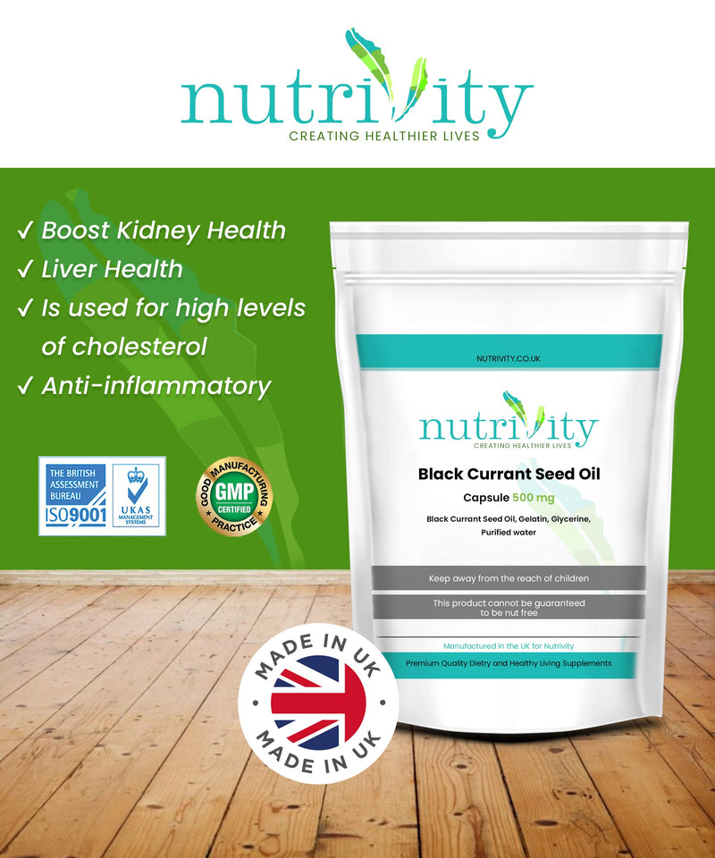Blackcurrant Seed Oil 500mg SoftGel Omega-3, 6, and 9 Fatty Acids Healthy Skin and Hair Natural Anti-Inflammatory for Joint Pain Relief and Immune Support Manufactured in The UK by Nutrivity 120 - BeesActive Australia