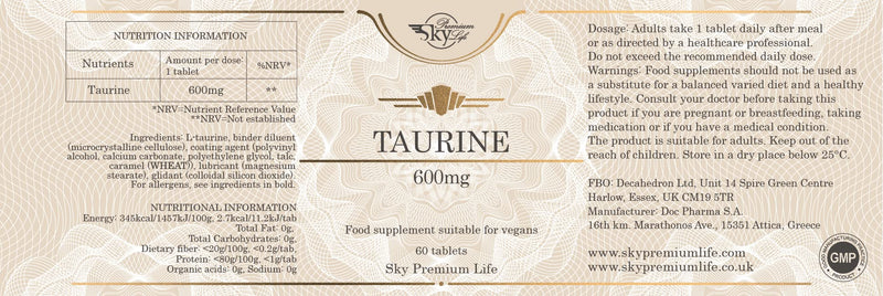 Sky Premium Life Taurine Supplement - 60 Taurine Amino Acid Food Supplements | Vegan 600mg Taurine Tablets, 2 Month Supply - BeesActive Australia