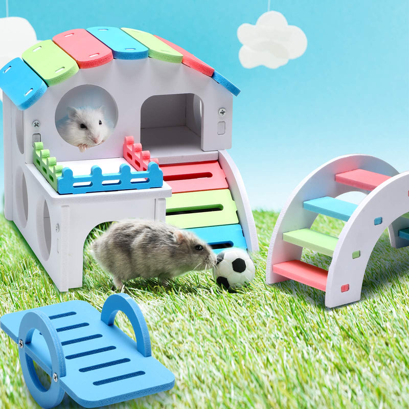 Skylety 3 Pieces Fun Hamster Toys Guinea Pig Hideout Include Wooden Hamster House, Rainbow Bridge, Hamster Seesaw Toy DIY Wooden Exercise Play Toys for Small Hamsters Rainbow Color - BeesActive Australia