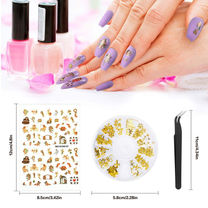 6 Sheets Angel Pattern Nail Stickers and 2 Boxes 3D Nail Art Metal Charms, Baby Angel Nail Art Stickers Self-Adhesive Nail Decals, Gold Metal Nail Studs Punk Star Cross Moon Gem Nail Art Jewel - BeesActive Australia