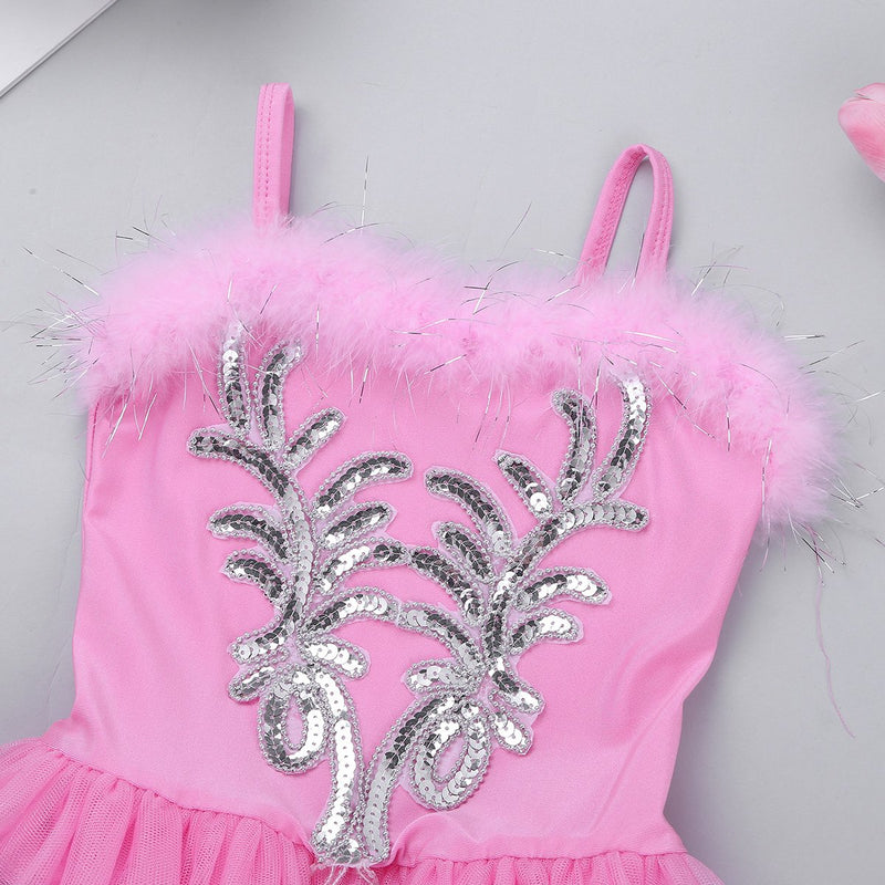 [AUSTRALIA] - MSemis Girls Sequined Beads Swan Ballet Fairy Ballerina Dance Costume with Gloves Hair Clip Pink 7-8 