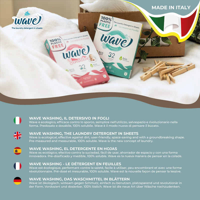Wave Washing - Laundry Detergent in Sheets - 100% PLASTIC FREE - Made in Italy - Ecological - Biodegradable - Compostable Clean Breeze 32 Count (Pack of 1) - BeesActive Australia