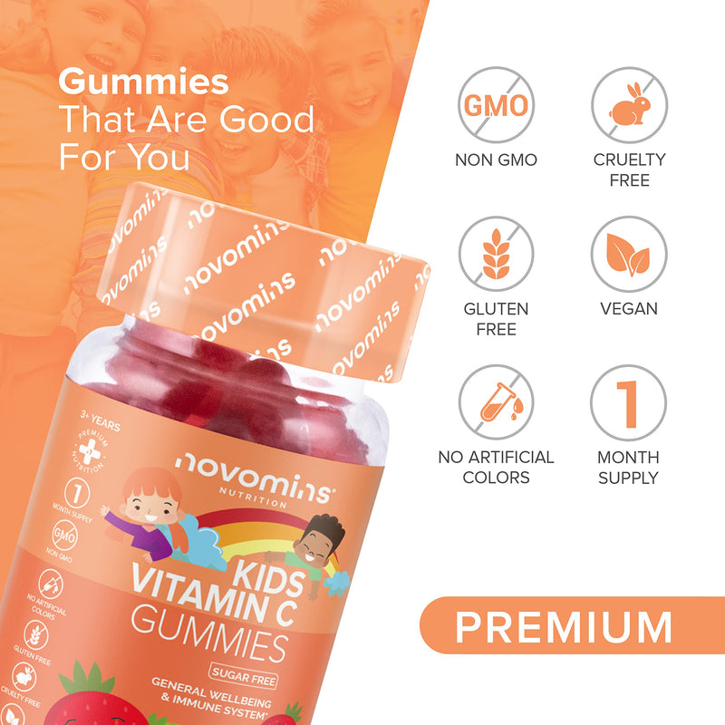 Kids Vitamin C Gummies Sugar Free � Chewable Vitamin C for Children � with Added Bioflavonoids, Rose Hip, Elderberry & Zinc - Immune System Support - Vegan- Gluten Free - by Novomins - BeesActive Australia