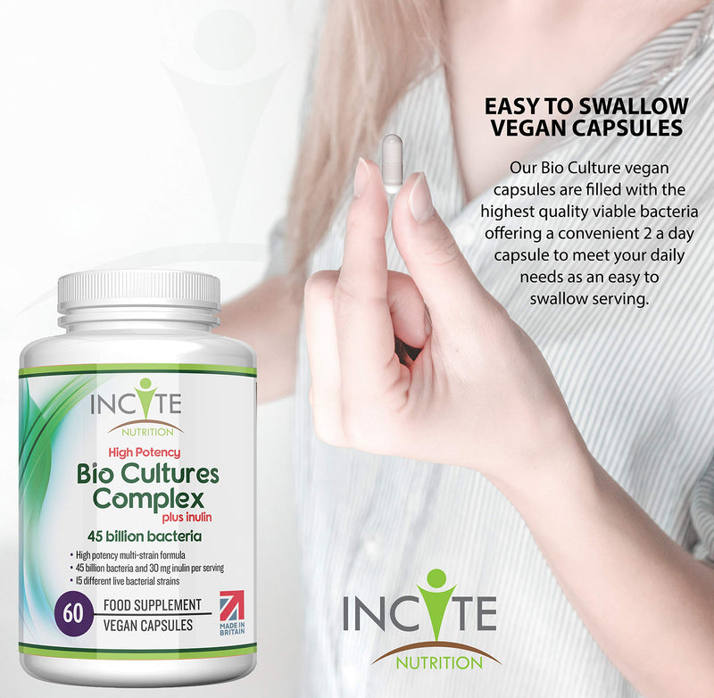 Bio Cultures Complex 45 Billion CFU with 30mg of Inulin Friendly Bacteria 60 Premium High Strength Vegan Capsules 15 Bacteria Strains Suitable for Vegans Vegetarians Made in The UK (45 Billion CFU) - BeesActive Australia