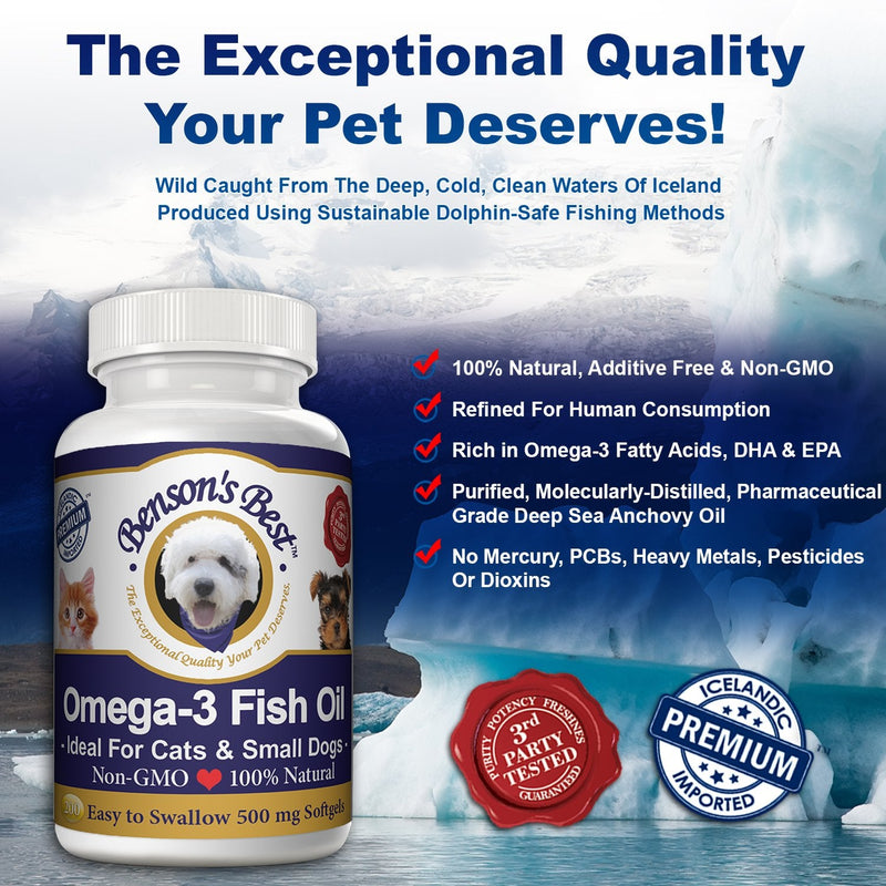 Benson's Best Omega-3 Fish Oil for Dogs (1000 mg) or Cats & Small Dogs (500 mg) - Provides 43% More Omega-3 Fatty Acids Than Salmon Oil! 100% Pure, Non-GMO, Natural Pet Food Supplement 500 mg Softgel Capsules for Cats & Small Dogs - BeesActive Australia