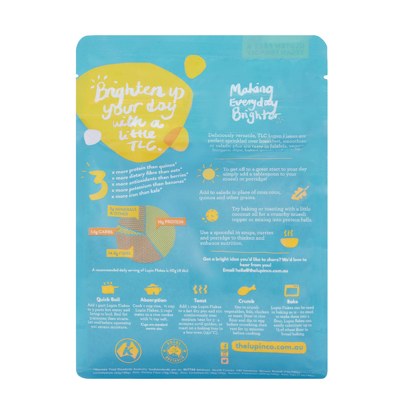 TLC Lupin Protein Flakes - 400g pack. Vegan, Gluten-Free, Low-carb, Keto. 40% Protein, Complete Protein Source. 100% Natural Product. - BeesActive Australia