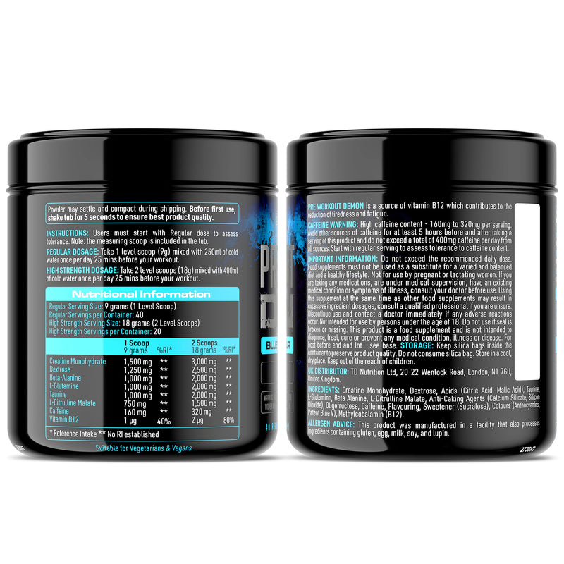 Pre Workout Demon - Hardcore Pre-Workout Powder Supplement with Creatine, Caffeine, Beta-Alanine and Glutamine (Blue Raspberry, 360g) Blue Raspberry 360 g (Pack of 1) - BeesActive Australia
