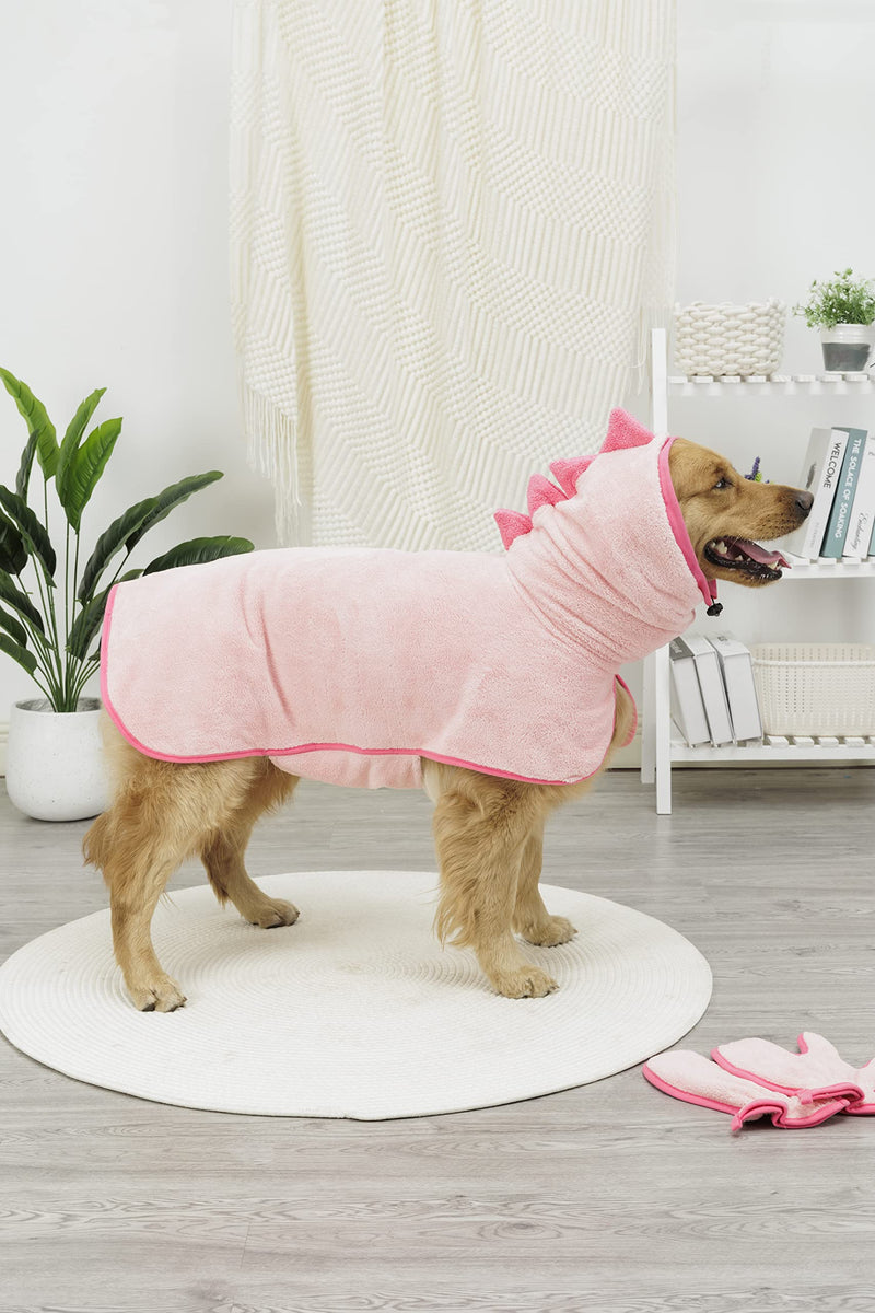 Pawyee Super Soft Fast-Drying Dog Towel Set for Cold Weather, Beach, Pool - Adjustable Microfiber Bath Robe with Drying Gloves for Cats and Dogs Large Pink Dino - BeesActive Australia
