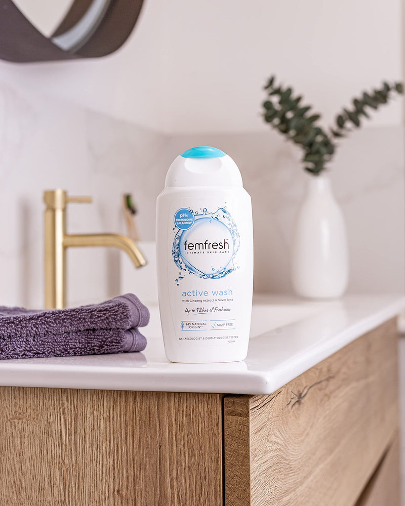 Femfresh Ultimate Care Active Vaginal Wash - Intimate Feminine Hygiene Shower & Bath Gel Cleanser - pH Balanced, Soap Free, Fragrance Free Gel Formula with 12-hour Sweat Protection - 250ml 250 ml (Pack of 1) - BeesActive Australia