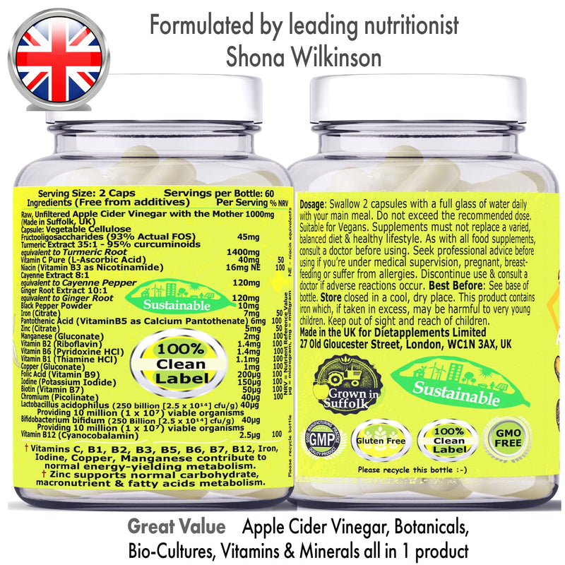 Raw Unfiltered Apple Cider Vinegar with The Mother, Turmeric 1400mg, Ginger, Black, Cayenne Pepper, Bio Cultures. 2775mg/serving. Metabolism Vitamins. Vegan Vegetarian High-Strength Complex. (1) 1 - BeesActive Australia