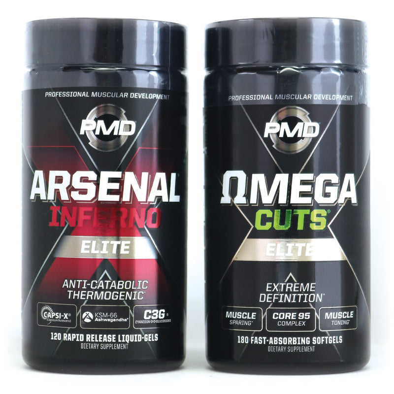 PMD Sports Six Week Inferno Stack - Maximum Strength Fat Burner and CLA Omega Fatty Acid to Lose Fat Fast and Increase Muscle Tone - Arsenal X Inferno/120 Liquid Gels, Omega Cuts Elite/180 Softgels - BeesActive Australia