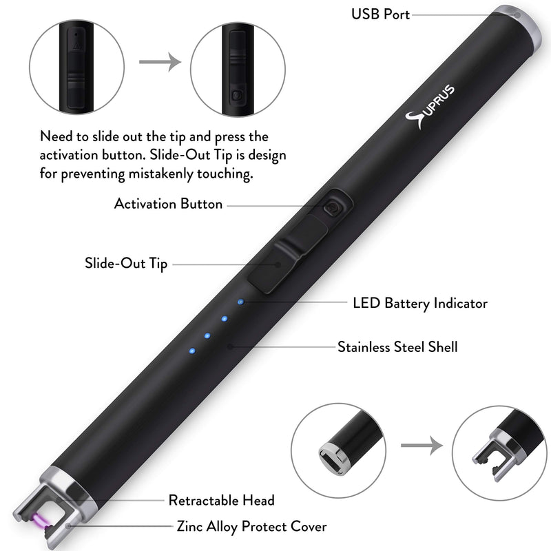 SUPRUS Lighter Electric Lighter Candle Lighter USB Lighter with Upgraded LED Battery Display Safety Switch Rechargeable Flameless Plasma Windproof Pocket Size for Candle Cooking BBQs Fireworks Black pack of 1 - BeesActive Australia