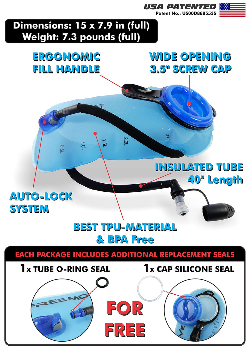 FREEMOVE Hydration Pack with 2L or 3L Water Bladder & Cooler Bag > Keeps Drink Cool & Protects Bladders > Camelback Water Reservoir for Hydration Backpack, Tasteless & BPA Free, Premium TPU Material with Quick Release Tube & Shutoff Valve 3L Blue - BeesActive Australia