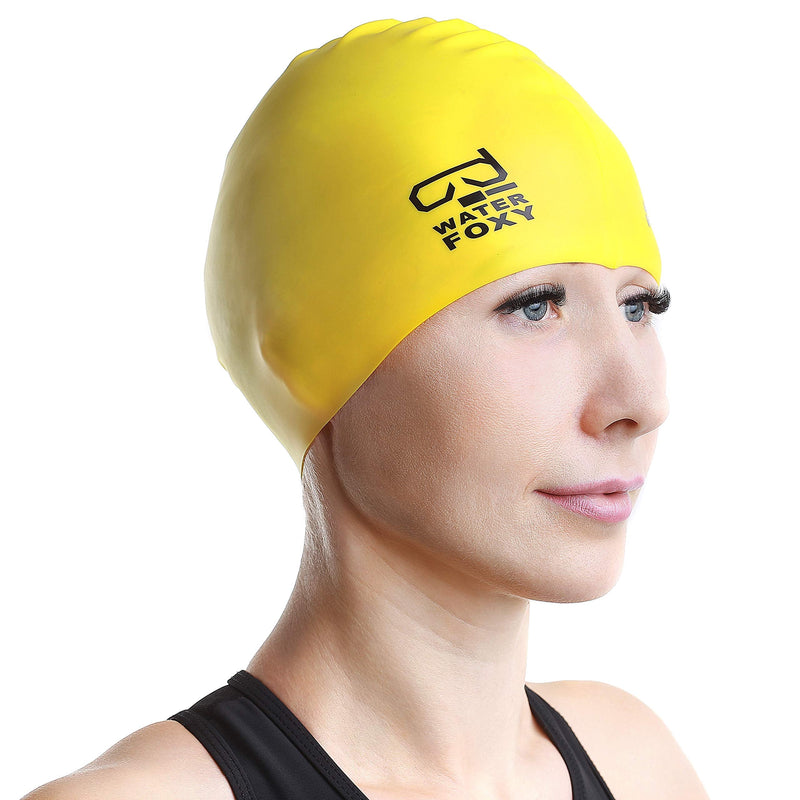 WATER FOXY Silicone Solid Swim Cap - Waterproof Swim Cap with Ergonomic Design for Adult Men Women Kids Helps to Keep Hair Dry Use for Comfortable Swimming, Training Yellow - BeesActive Australia