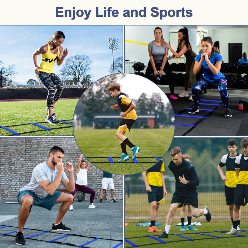 DIKAKO Agility Ladder - 20ft 12 Rung Agility Ladder Speed Training Equipment, Kids and Adult Speed Ladder for Football, Basketball, Fitness Training - Included Carry Bag and 4 Steel Stakes Blue - BeesActive Australia