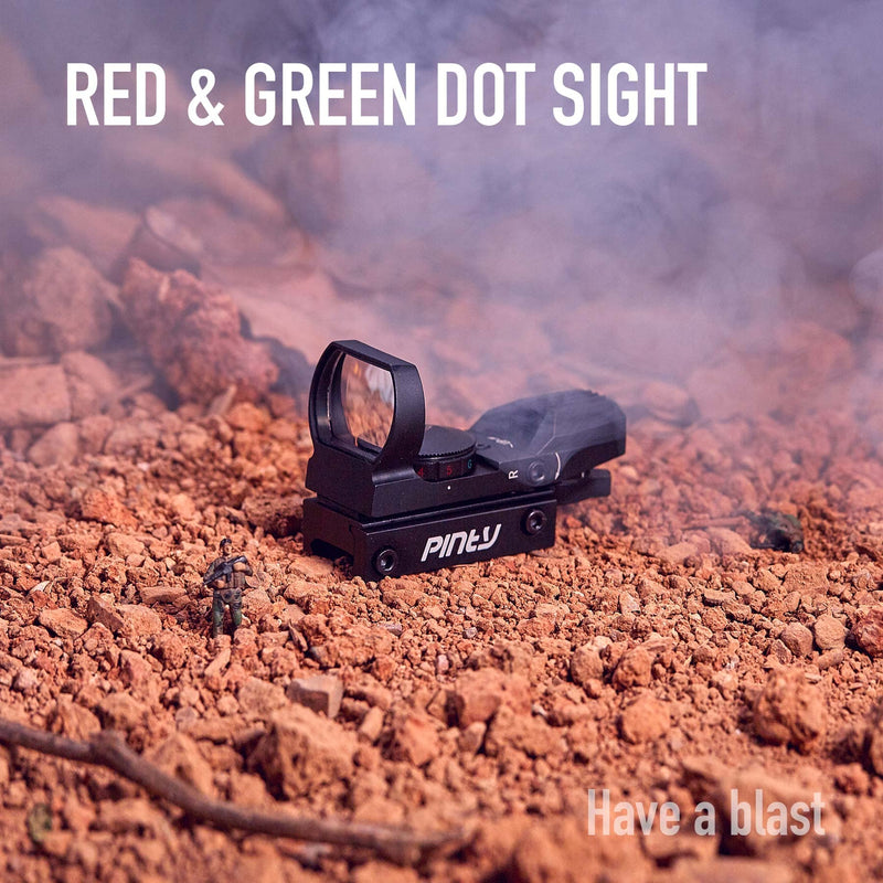 Pinty Red Green Dot Sight Reflex Tactical Riflescope 4 Reticle Patterns with 20mm Free Mount Rails, Black Khaki - BeesActive Australia