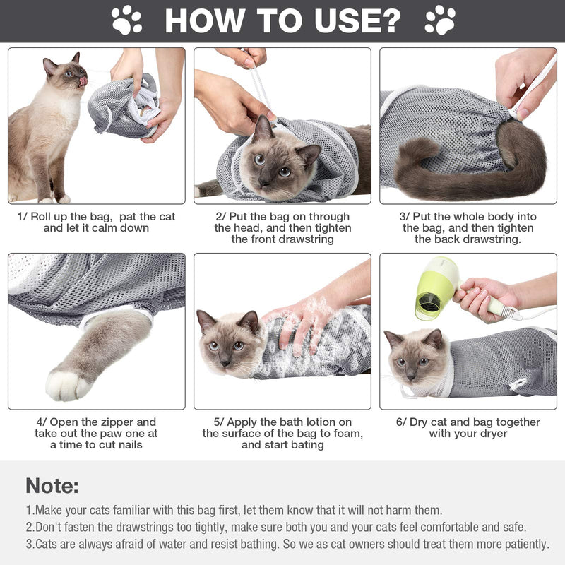 Cat Shower Net Bag Cat Grooming Bathing Bag Adjustable Cat Washing Bag Multifunctional Cat Restraint Bag Prevent Biting Scratching for Bathing, Nail Trimming, Ears Clean, Keeping Calm Grey - BeesActive Australia