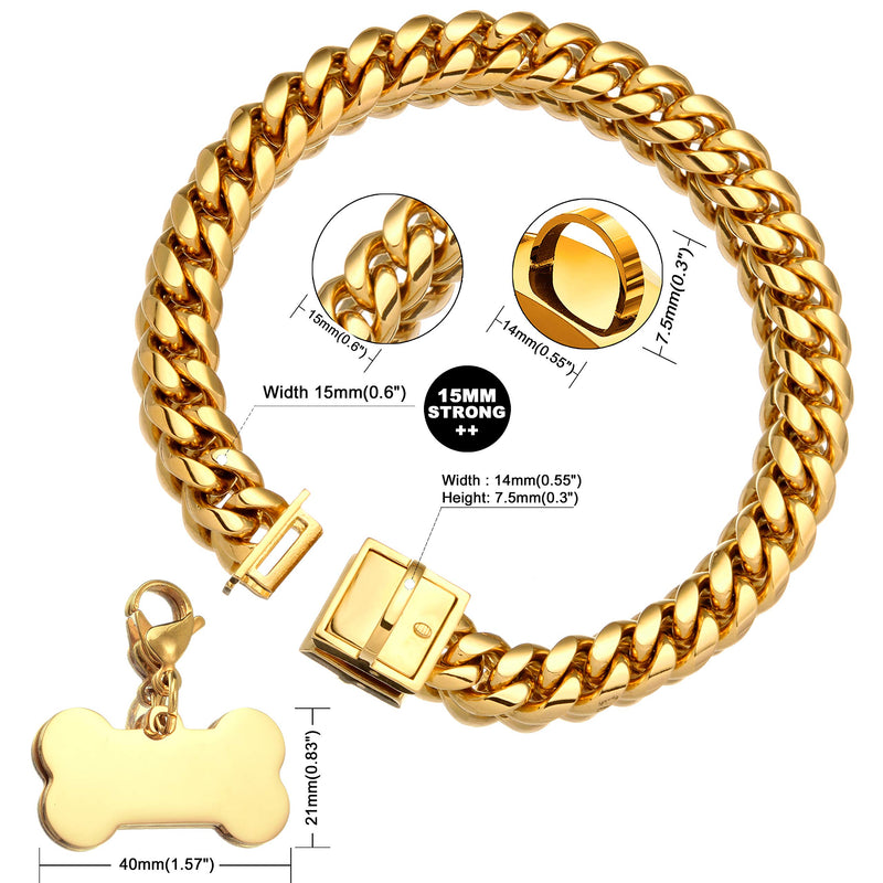 Jewelry Kingdom 1 Gold Dog Chain Collar with Dog ID Tag 18K Metal Stainles Steel Cuban Link Chain Strong Heavy Duty Chew Proof Walking Training Collar 10in to 26in for Small, Medium, Large Dogs 18" (Fits Dog Neck 16" to 17.5") - BeesActive Australia