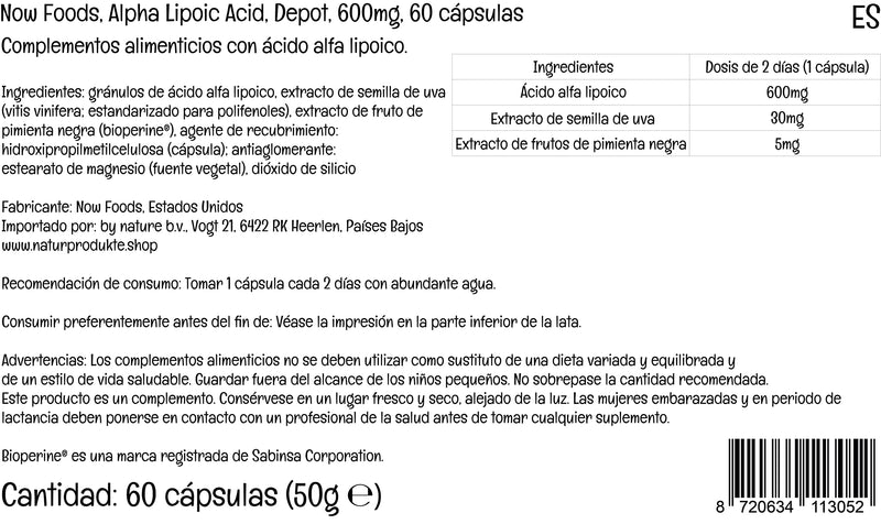 Now Foods, Alpha Lipoic Acid, 600mg, 2-Day Depot, 60 Vegan Capsules, Lab-Tested, Gluten Free, Soy Free, Non-GMO - BeesActive Australia