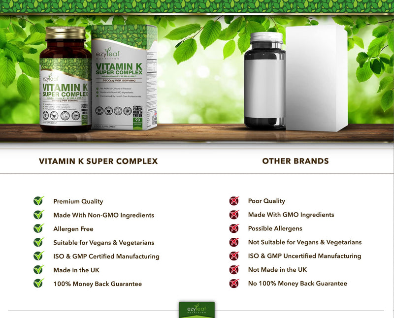 Ezyleaf Vitamin K Super Complex | Vitamin K2 MK7 - Vitamin K2 MK4 - Vitamin K1 | 2600�g per Capsule | 90 Vitamin K2 MK-7 Vegan Capsules | Non-GMO, Allergen Free Formula with Vitamin C | Made in the UK - BeesActive Australia