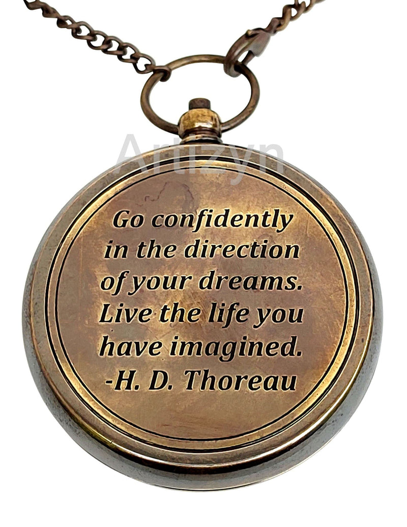 Thoreau's Go Confidently Quote Engraved Brass Compass with 25 Inches Long Chain & Leather case, Copper Dial Compass Locket Compass Camping Compass, Boating Compass, Gift Compass, Graduation Day Gifts - BeesActive Australia