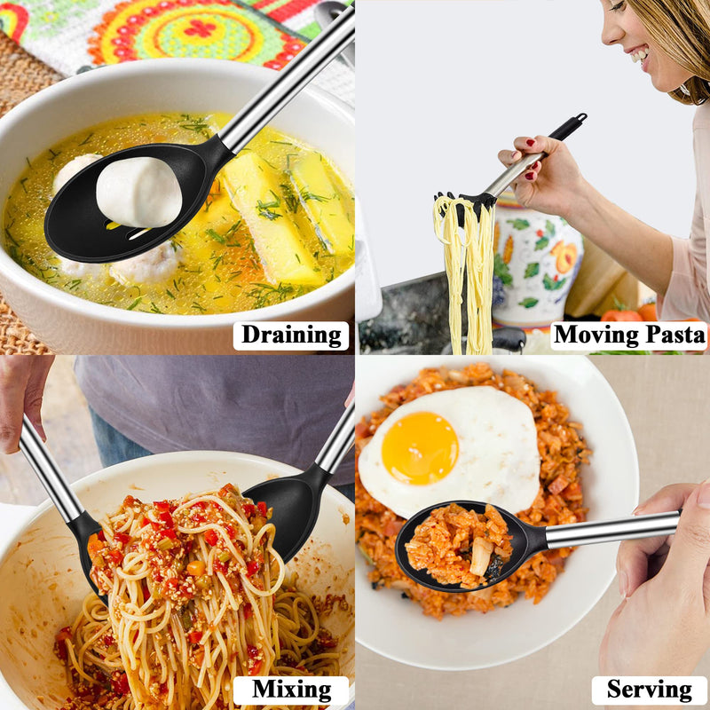 Silicone Cooking Spoons, Large Heat Resistant Silicone Pasta Slotted Spoon Solid Spoon for Nonstick Cookware, BPA Free Black Silicone Kitchen Spoons Dishwasher Safe for Cooking Mixing Serving, 3 Pack 13 inch silicone cooking Spoons - BeesActive Australia