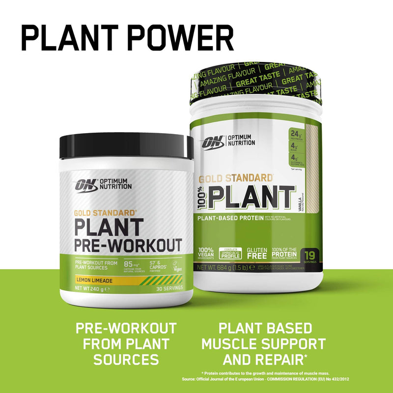 Optimum Nutrition Gold Standard Plant Pre-workout, Plant BasedPowder with Caffeine, Vegan Food Supplement For Men and Women, Lemon Limeade Flavour, 30 Servings, 240 g - BeesActive Australia