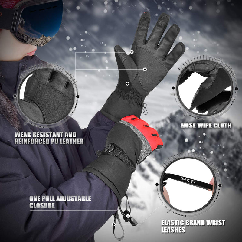 MCTi Ski Gloves,Winter Waterproof Snowboard Snow 3M Thinsulate Warm Touchscreen Cold Weather Women Gloves Wrist Leashes Red Medium - BeesActive Australia