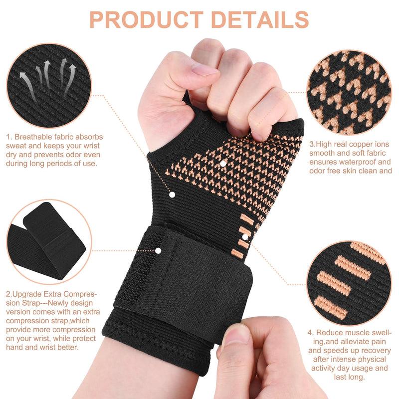 TCOOGO Copper Wrist Compression Sleeves, Wrist Brace Support With Strap for Arthritis, Tendonitis, Sprains,Workout - Comfortable and Breathable-1pack Large(1-Pack) Black - BeesActive Australia