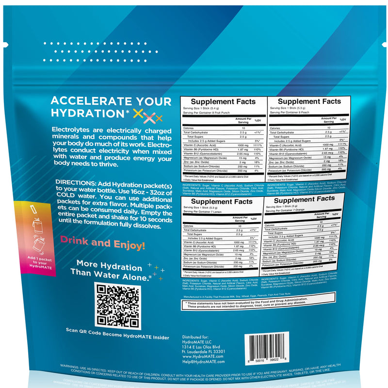 NatureWorks HydroMATE Electrolytes Powder Drink Mix Packets Hydration Accelerator Low Sugar Rapid Party Recovery Plus Vitamin C Variety Pack 30 Count 30 Count (Pack of 1) - BeesActive Australia