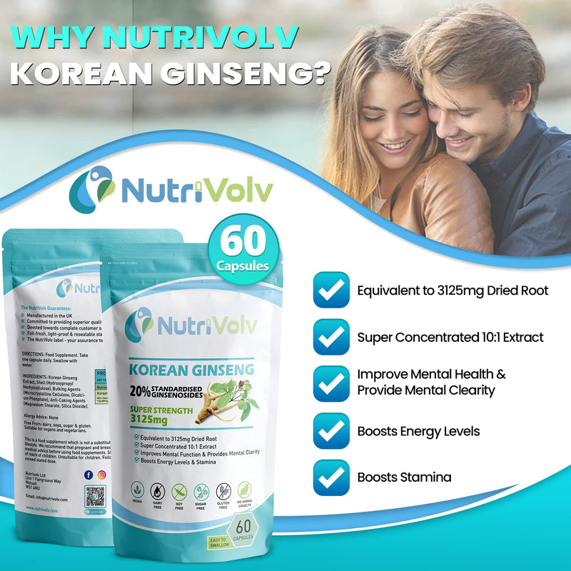 High Strength Korean Ginseng 3125mg Supplements to Boost Energy, Endurance, Mood, Performance, Vitality, Memory, Focus & Immunity | 60 Capsules - BeesActive Australia