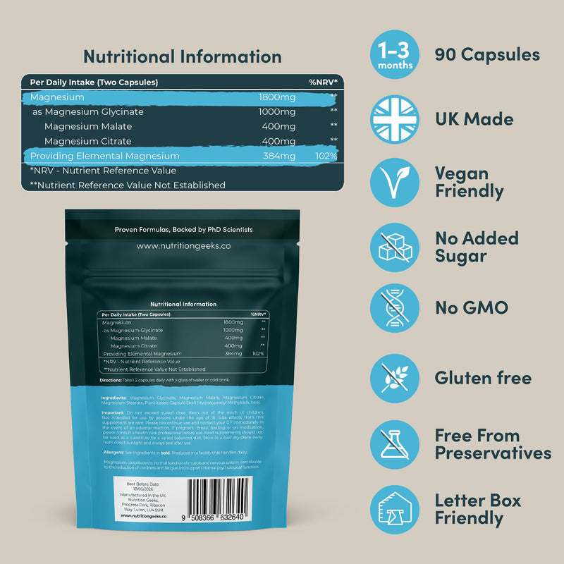 Magnesium Glycinate 3-in-1 Complex - 1800mg Magnesium Supplements as Magnesium Bisglycinate, Magnesium Citrate & Magnesium Malate - 90 Vegan Capsules, Triple High Absorption - 384mg Elemental, UK Made - BeesActive Australia