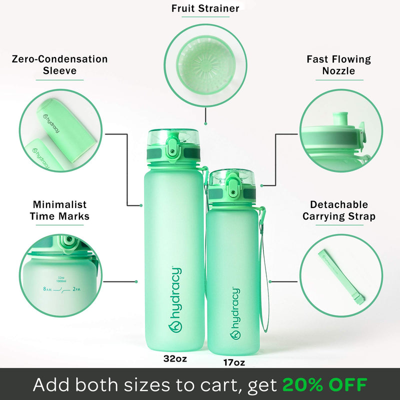 Hydracy Water Bottle with Time Marker - Large 1 Liter 32 Oz BPA Free Water Bottle - Leak Proof & No Sweat Gym Bottle with Fruit Infuser Strainer - Ideal Gift for Fitness or Sports & Outdoors Aqua Green - BeesActive Australia