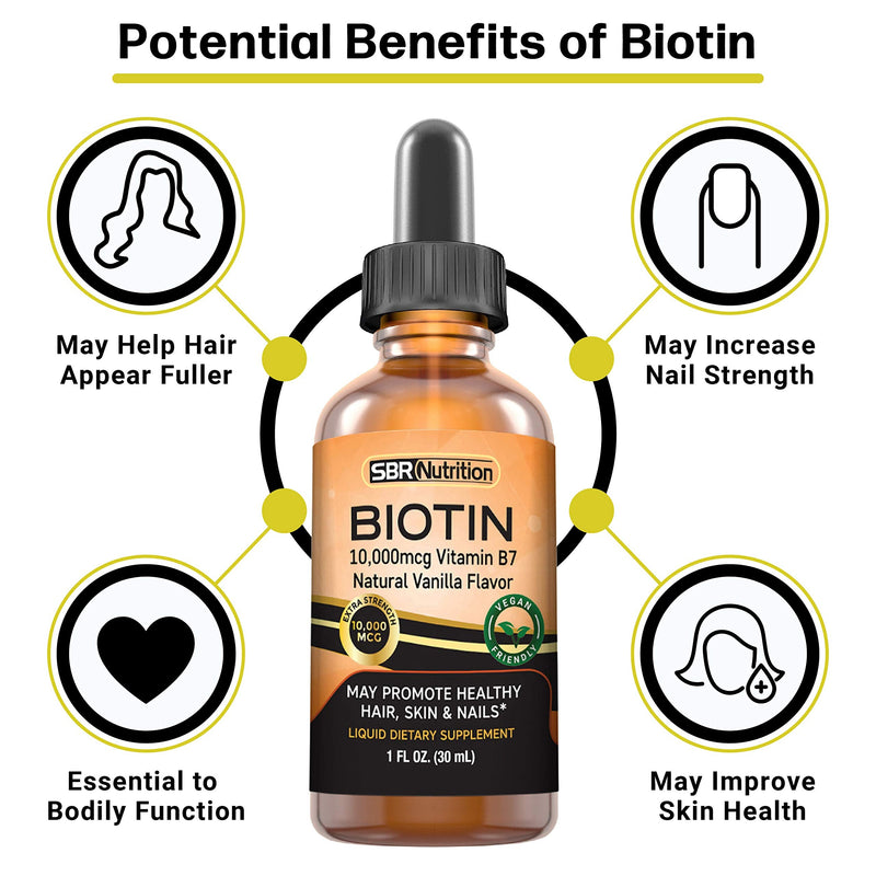 MAX Absorption Biotin Liquid Drops, 10000mcg of Biotin Per Serving, 60 Serving, No Artificial Preservatives, Vegan Friendly, Supports Hair Growth, Strong Nails and Glowing Skin, Made in USA Vanilla - BeesActive Australia