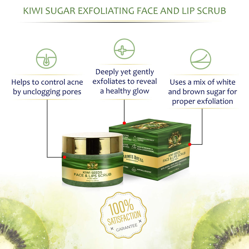 Baroque Royal Kiwi Sugar Exfoliating Face and Lip Scrub for Men, Natural Facial Exfoliator with Moisturizing Oils, Men’s Skin Care Sugar Scrubber for Acne Control and Healthy Glow, 3.52fl oz - BeesActive Australia