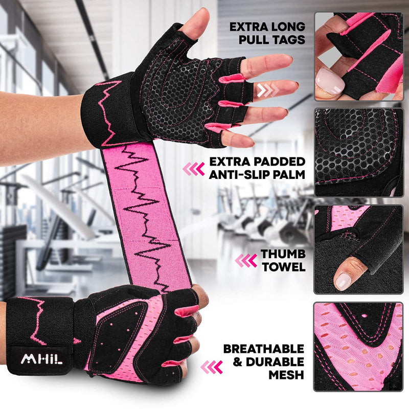 MhIL Workout Gloves for Mens & Womens - Weight Lifting Gloves, Gym Gloves for Men - Exercise Gloves, Training Gloves with Wrist Wraps Support for Weightlifting, Work Out, Pull up- Full Palm Protection Pink Medium: 7.5 – 8” / 19.1 – 20.5 cm - BeesActive Australia