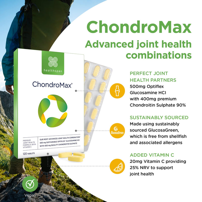 Healthspan High Strength Glucosamine & Chondroitin (2 Months' Supply) | Joint Health | 500mg Optiflex Glucosamine HCI & 400mg Chondroitin Sulphate | Vitamin C for Joint Cartilage | Shellfish Free 120 Count (Pack of 1) - BeesActive Australia