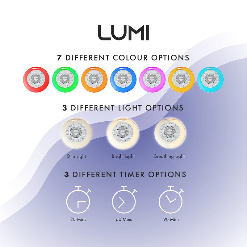 LUMI | Portable White Noise Machine Baby | 26 Sleep Sounds & 7 Colour Baby Night Light | 55 Hours Battery Life | Child Lock | 30, 60, 90 Minute Timer | Sleep Sound Machine Baby | White Noise Sleep Aid - BeesActive Australia