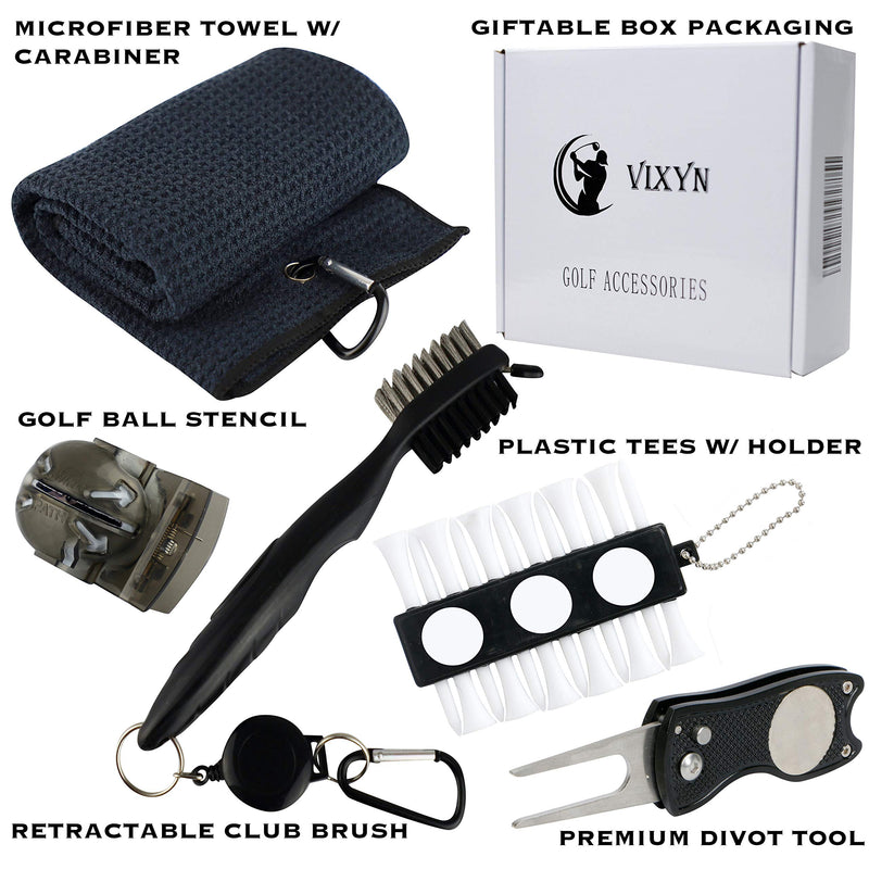 VIXYN Golf Accessories Gift Set - Golf Towel, Golf Club Brush with Groove Cleaner, Foldable Divot Repair Tool with Ball Marker, Golf Ball Marker and Golf Tee Holder - Golf Club Cleaning Kit black - BeesActive Australia