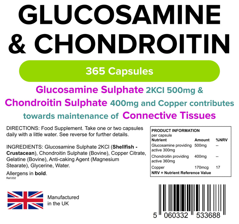 Lindens Glucosamine & Chondroitin + Copper 500/400 Capsules - 365 Pack - Glucosamine Sulphate 2KCI 500mg & Chondroitin Sulphate 400mg - UK Manufacturer, Letterbox Friendly 365 Count (Pack of 1) - BeesActive Australia