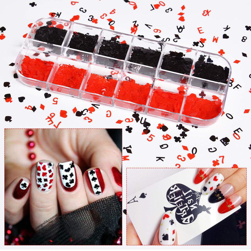 EBANKU 12 Grids Playing Card Style Nail Art Sequins, Numbers Letter Graphics Shape Poker Nail Sequin Nail Accessories For Women Girls Nail Art Design Decoration and Resin Molds DIY - BeesActive Australia