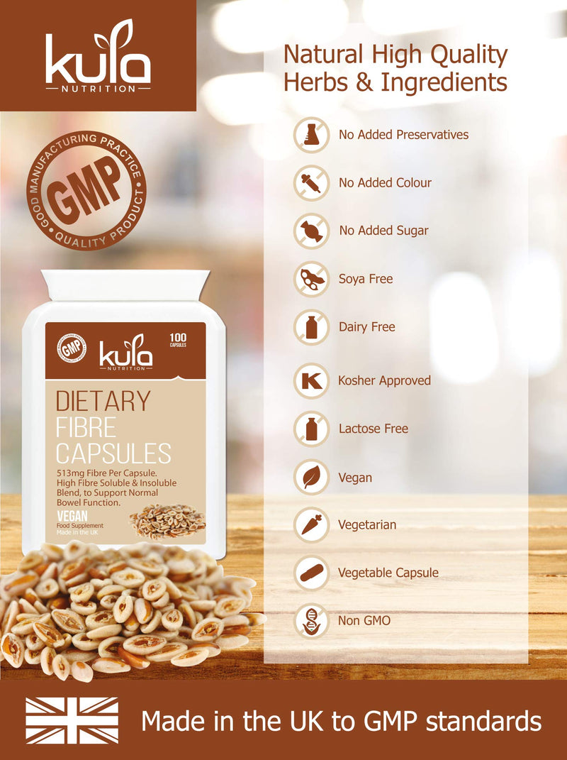 High Fibre Supplement (1026mg per Serving) - 100 Vegan Capsules - Soluble and Insoluble Dietary Fibre Complex - Psyllium Husk Powder, Flaxseed - Fibre Supports Daily Bowel Movements - Kula Nutrition - BeesActive Australia
