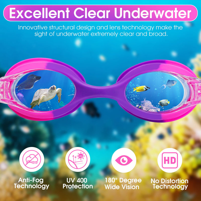 Vvinca Kids Swim Goggles with Fabric Strap No Tangle Pain-Free, Anti-Fog Swimming Pool Goggle No Leak for Toddlers Girls Boys C-1 Pack Bright Pink Purple - BeesActive Australia